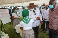 President Uhuru Kenyatta and his son Jomo at the ASK Showground in Jamhuri, Nairobi County to preside over the official launch of 4-K Clubs in primary schools