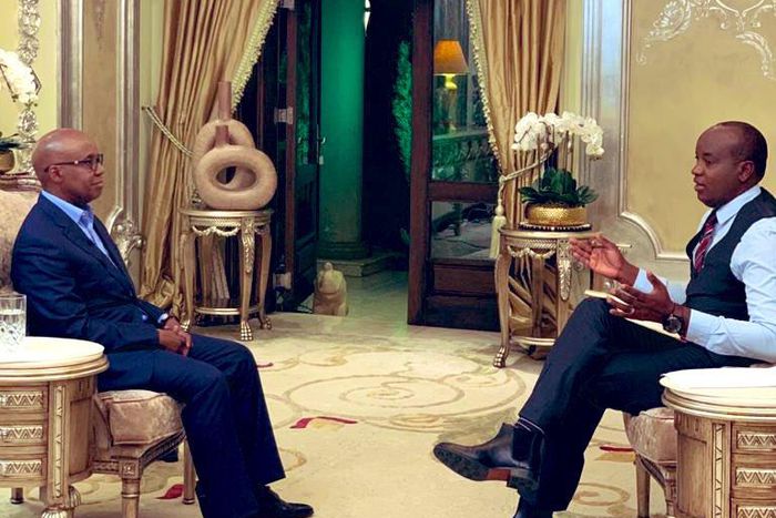 Politician Jimi Wanjigi with Citizen TV's Linus Kaikai