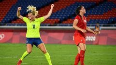 Stina Blackstenius (L) scored for the fifth time in as many matches at the Tokyo Olympics