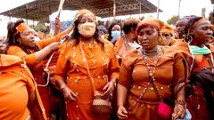 Mama Ida Odinga adorned in the Kikuyu traditional attire for women, christened "Nyawira" during Raila Odinga's Nyeri tour