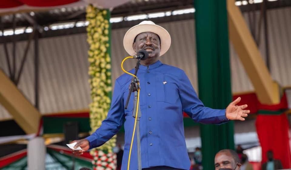 Former Prime Minister Raila Odinga during the 2021 Mashujaa Day celebrations at the Wang'uru Stadium in Kirinyaga County