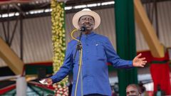 Former Prime Minister Raila Odinga during the 2021 Mashujaa Day celebrations at the Wang'uru Stadium in Kirinyaga County