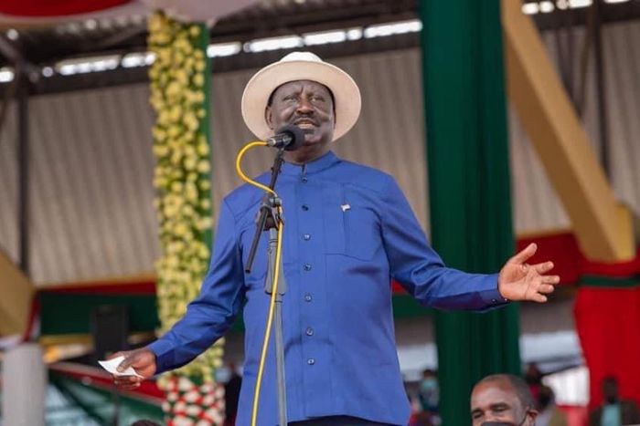 Former Prime Minister Raila Odinga during the 2021 Mashujaa Day celebrations at the Wang'uru Stadium in Kirinyaga County