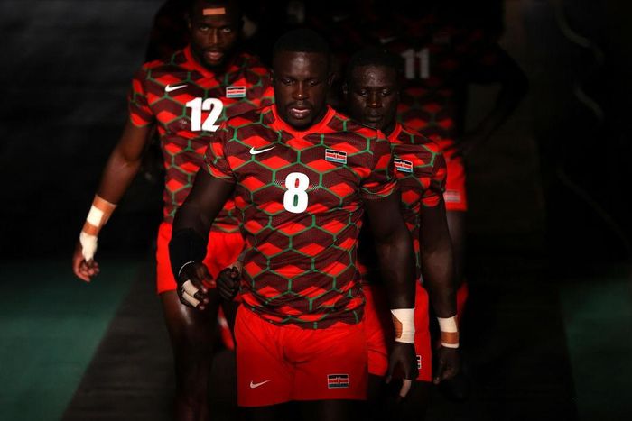 CHOFU, JAPAN - JULY 26: Team Kenya take to the field during the Men's Pool C Rugby Sevens match between South Africa and Kenya on day three of the Tokyo 2020 Olympic Games at Tokyo Stadium on July 26, 2021 in Chofu, Tokyo, Japan. (Photo by Dan Mullan/G...