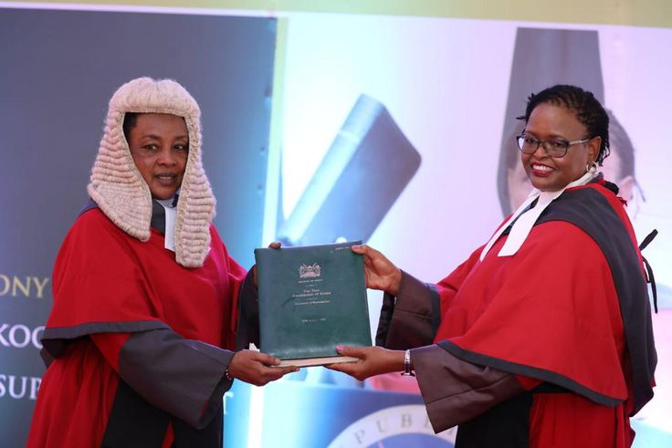 Chief Justice Martha Karambu Koome receives instruments of power and the state of the Judiciary report from Deputy Chief Justice Philomena Mbete Mwilu