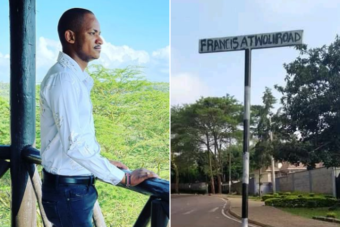 Embakasi East MP Babu Owino and a photo of the Francis Atwoli road sign