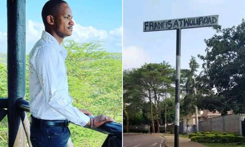 Embakasi East MP Babu Owino and a photo of the Francis Atwoli road sign