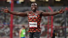 TOKYO, JAPAN - JULY 31: Ferdinand Omurwa of Team Kenya reacts after competing in the Men's 100m Round 1 heats on day eight of the Tokyo 2020 Olympic Games at Olympic Stadium on July 31, 2021 in Tokyo, Japan. (Photo by Matthias Hangst/Getty Images)