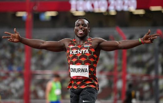 TOKYO, JAPAN - JULY 31: Ferdinand Omurwa of Team Kenya reacts after competing in the Men's 100m Round 1 heats on day eight of the Tokyo 2020 Olympic Games at Olympic Stadium on July 31, 2021 in Tokyo, Japan. (Photo by Matthias Hangst/Getty Images)