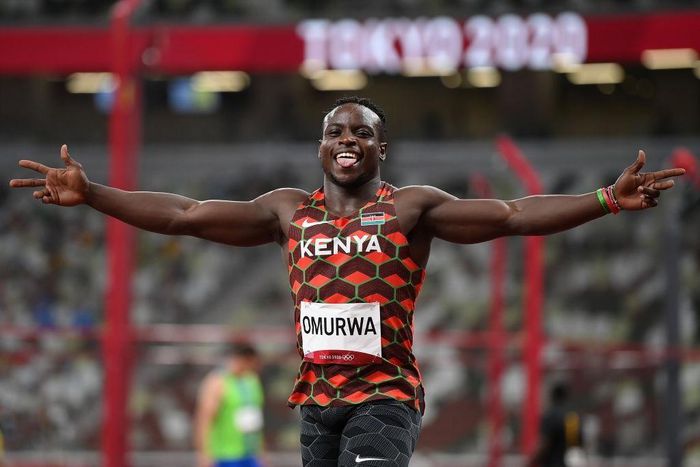 TOKYO, JAPAN - JULY 31: Ferdinand Omurwa of Team Kenya reacts after competing in the Men's 100m Round 1 heats on day eight of the Tokyo 2020 Olympic Games at Olympic Stadium on July 31, 2021 in Tokyo, Japan. (Photo by Matthias Hangst/Getty Images)