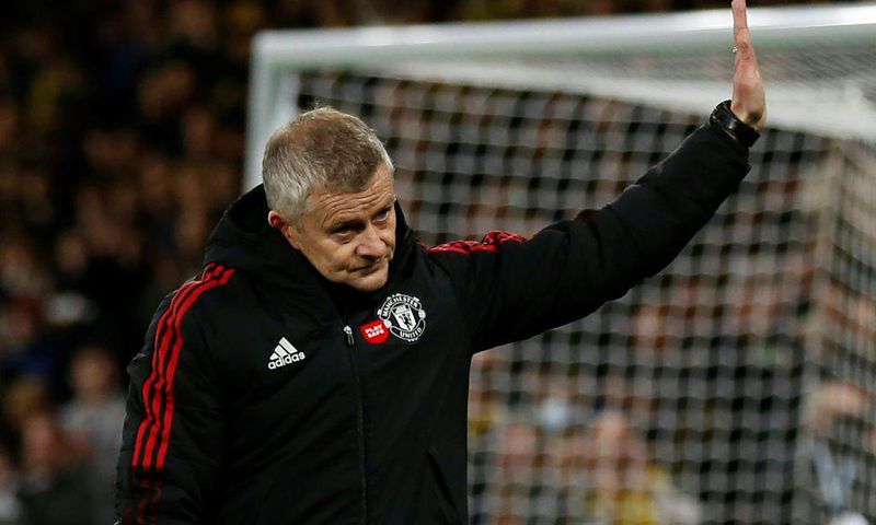 Is this goodbye? Ole Gunnar Solskjaer waves to Manchester United supporters after the 4-1 defeat at Watford on Saturday. The fans reacted by booing the manager