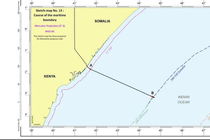 The International Court of Justice rules most of the disputed maritime territory in favour Somalia. This is the illustration depicting the boundary as decided by the Court.