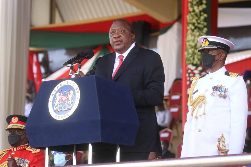 President Uhuru Kenyatta during the 2021 Mashujaa Day celebrations at the Wang'uru Stadium in Kirinyaga County
