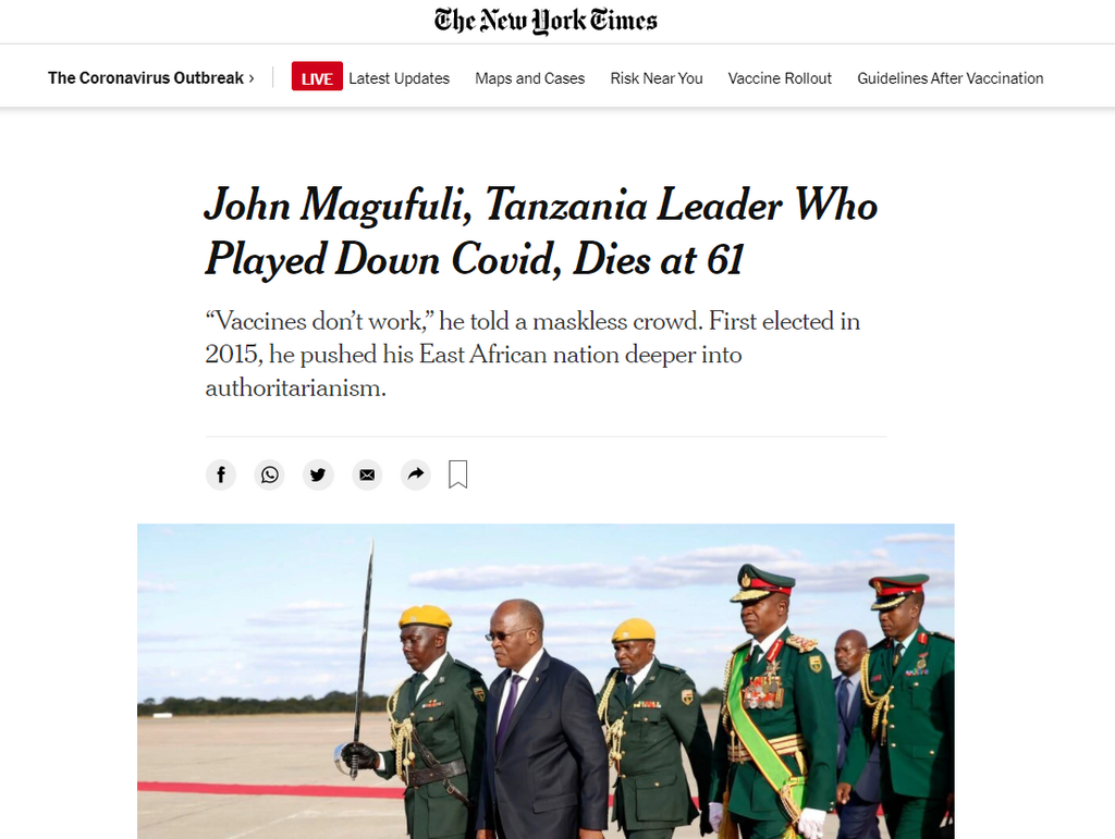 New York Times reports President John Pombe Magufuli's death