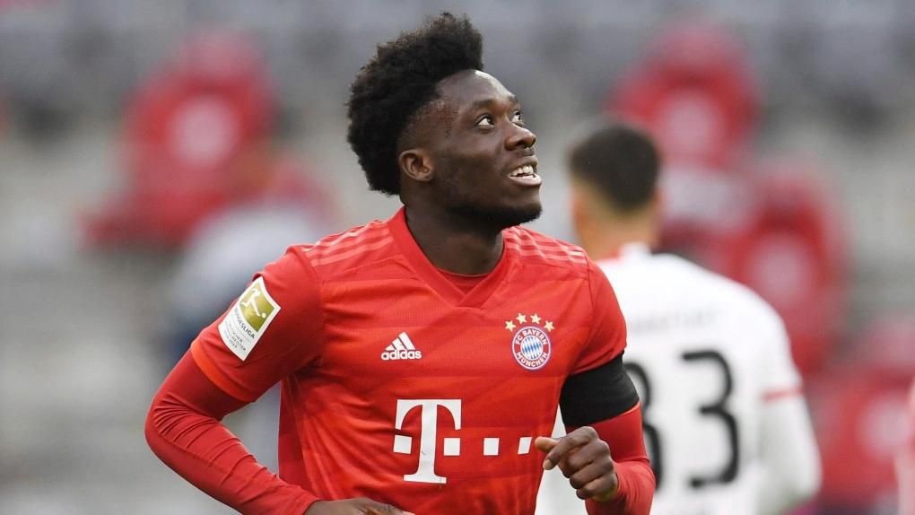 Bayern Munich's Alphonso Davies celebrates scoring Munich's fourth goal during the German Bundesliga soccer match between Bayern Munich and Eintracht Frankfurt in Munich, Germany, Saturday, May 23, 2020. THE CANADIAN PRESS/AP, Andreas Gebert, POOL
