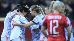 Japanese midfielder Saki Kumagai (2nd L) celebrates after scoring the winner for Bayern Munich against Lyon
