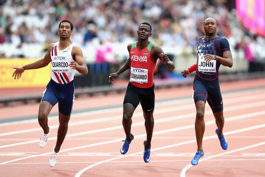 Jonathan Quarcoo of Norway, Mark Otieno Odhiambo of Kenya and Jeffrey John of France compete in the Men's 200 metres heats during day four of the 16th IAAF World Athletics Championships London 2017 at The London Stadium on August 7, 2017 in London, United Kingdom. (Photo by Alexander Hassenstein/Getty Images for IAAF)