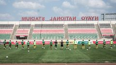 Mali's players warm up before the FIFA World Cup 2022 qualifier football match between Kenya and Mali at Nyayo national stadium in Nairobi on October 10, 2021. (Photo by Yasuyoshi CHIBA / AFP) (Photo by YASUYOSHI CHIBA/AFP via Getty Images)