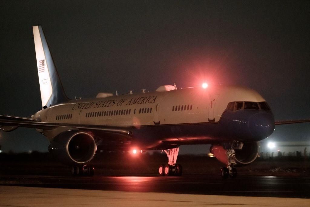 The aircraft of US Secretary of State Antony Blinken lands at Jomo Kenyatta International Airport in Nairobi, Kenya, on November 17, 2021. - Blinken begins his fist trip as US secretary of state to sub-Saharan Africa, Kenya, Nigeria, and Senegal. (Photo by YASUYOSHI CHIBA/AFP via Getty Images)