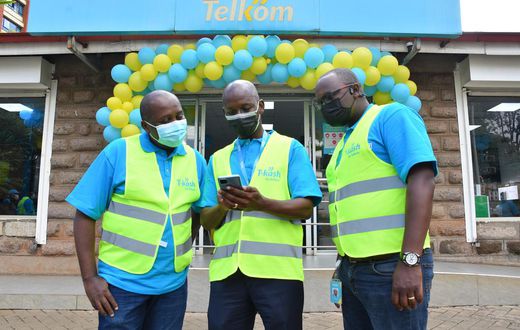 Mugo Kibati (CEO, Telkom Kenya). Saddiq Mwai (Director, Digital Financial Services (DFS)), Julius Cheptiony (Chief Strategy and Business Development Officer)