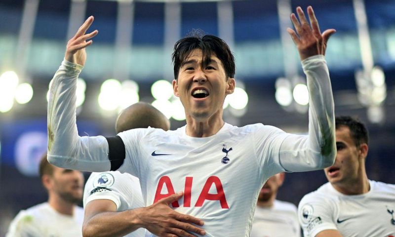 Tottenham forward Son Heung-min celebrates against Aston Villa