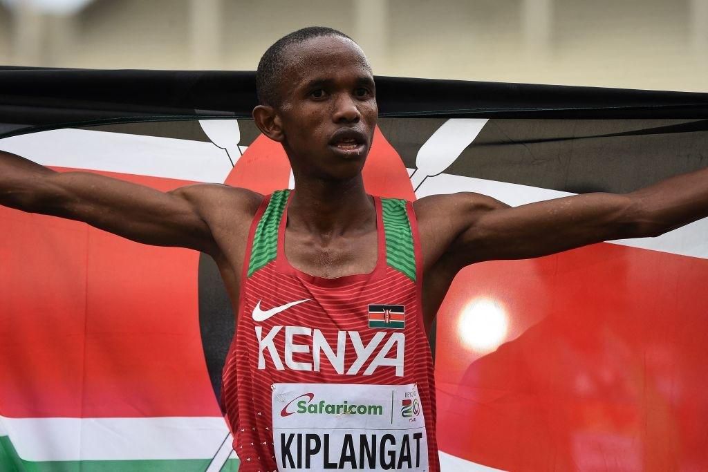 Kenya's Benson Kiplangat celebrates after winning the 5000m men's final during the U20 World Athletics Championships at the Kasarani Stadium in Nairobi on August 19, 2021. (Photo by SIMON MAINA / AFP) (Photo by SIMON MAINA/AFP via Getty Images)