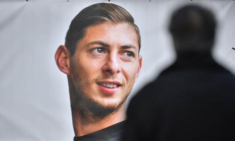 A portrait of Emiliano Sala displayed in front of the entrance of the FC Nantes football club training centre in 2019 after he died in a plane crash