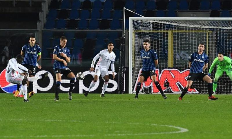 Real Madrid's French defender Ferland Mendy (L) scored the only goal against Atalanta in Bergamo.