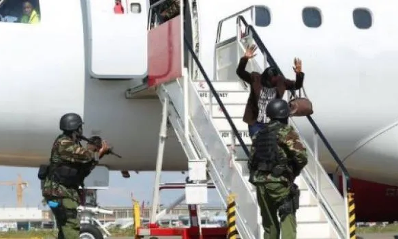 Police officers conducting a security drill at JKIA