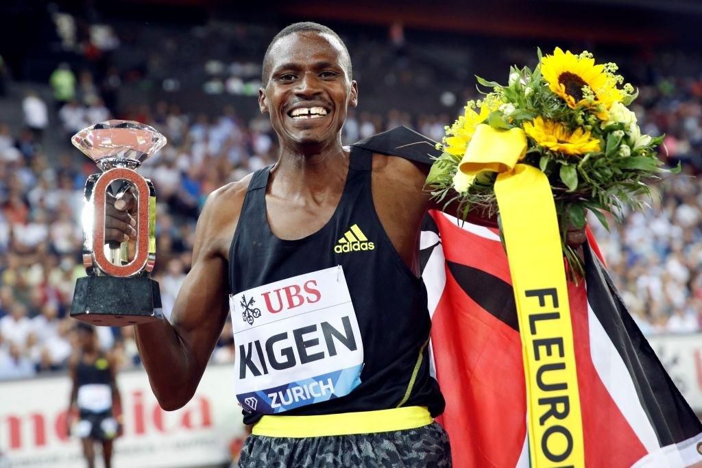 Kenya's Benjamin Kigen celebrates after winning the men's 3000 steeplechase event of the IAAF Diamond League athletics meeting "Weltklasse" in Zurich on September 9, 2021. (Photo by STEFAN WERMUTH / AFP) (Photo by STEFAN WERMUTH/AFP via Getty Images)