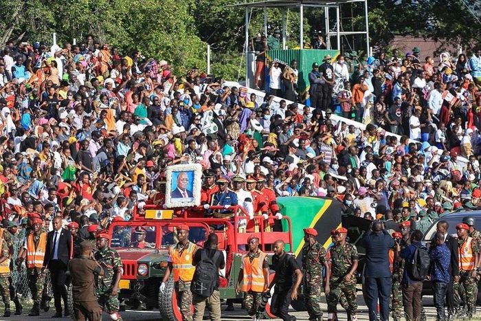 The portrait and coffin of the late Tanzanian President John Magufuli is seen during his national funeral in Dodoma