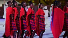 Members of Kenya's delegation parade during the opening ceremony of the Tokyo 2020 Olympic Games, at the Olympic Stadium, in Tokyo, on July 23, 2021. (Photo by Andrej ISAKOVIC / AFP) (Photo by ANDREJ ISAKOVIC/AFP via Getty Images)