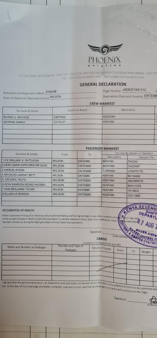 Passenger manifest of Deputy President William Ruto's flight to Uganda obtained by Pulse Live