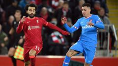 Egypt captain Mohamed Salah (L) playing for Liverpool against Atletico Madrid in the Champions League at Anfield.
