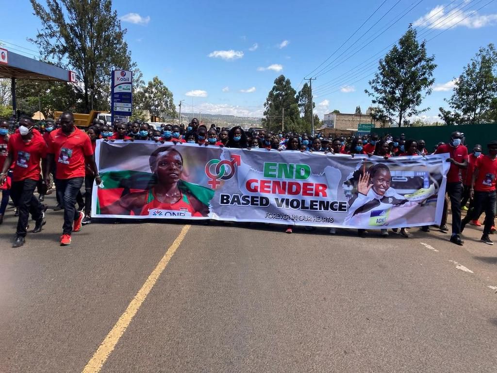 Kenyan athletes hole End Gender-Based Violence protests in Eldoret following the death of Agnes Tirop