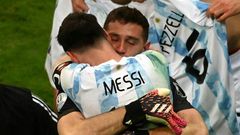 Lionel Messi celebrates with goalkeeeper Emiliano Martinez whose three penalty shoot-out saves sent Argentina into the Copa America final