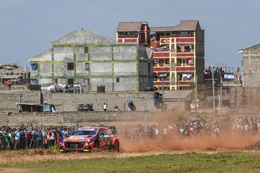 Ott Tanak of Estonia and Martin Jarveoja of Estonia compete with their Hyundai Shell Mobis WRT Hyundai i20 Coupe WRC during Day One of the FIA World Rally Championship Kenya on June 24, 2021 in Nairobi, Kenya. (Photo by Massimo Bettiol/Getty Images)