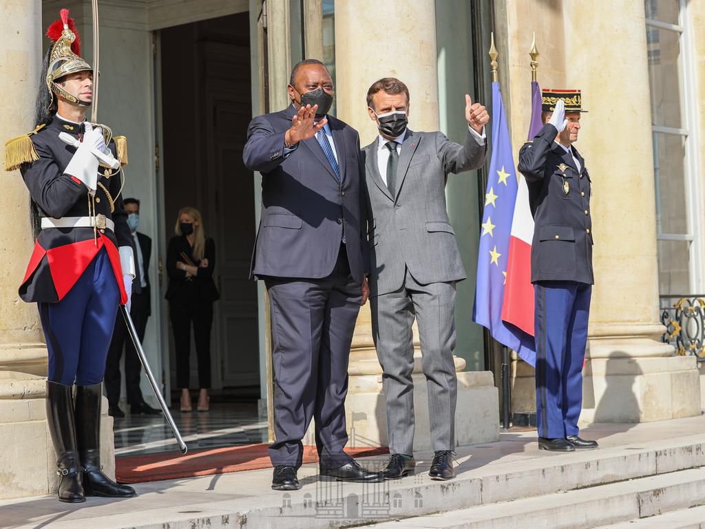 President Uhuru Kenyatta with French President Emmanuel Macron