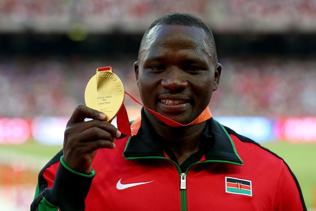 BEIJING, CHINA - AUGUST 27: Gold medalist Julius Yego of Kenya poses on the podium during the medal ceremony for the Men's Javelin final during day six of the 15th IAAF World Athletics Championships Beijing 2015 at Beijing National Stadium on August 27, 2015 in Beijing, China. (Photo by Alexander Hassenstein/Getty Images for IAAF)