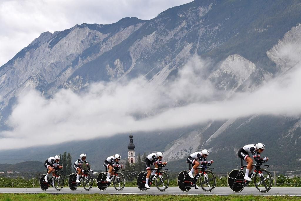 INNSBRUCK, AUSTRIA - SEPTEMBER 23: Lucinda Brand of The Netherlands / Leah Kirchmann of Canada / Liane Lippert of Belgium /Pernille Mathiesen of Denmark / Coryn Rivera of The United States / Ellen van Dijk of The Netherlands and Team Sunweb of The Neth...
