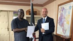 Cabinet Secretary of Mining and Petroleum John Munyes (right) and Enrico Tavolini Managing Director of Eni Kenya signed an MOU to promote the decarbonization process on Thursday. (COURTESY: Petro_MiningKE)