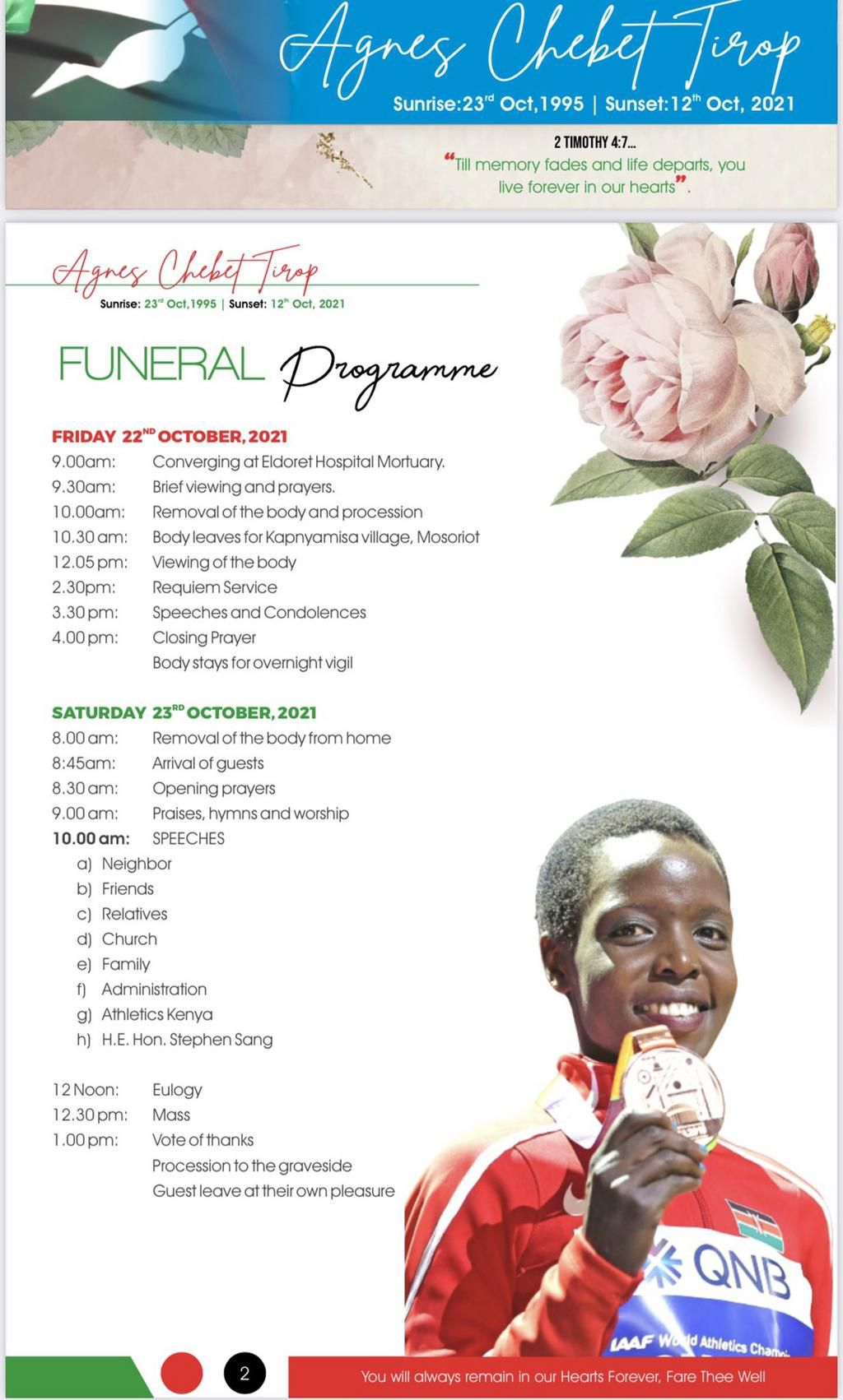 Funeral programme for the late Kenyan athlete Agnes Tirop