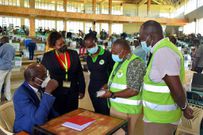 IEBC Chairperson Wafula Chebukati with elections officials at Mang'u Tallying Centre