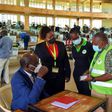 IEBC Chairperson Wafula Chebukati with elections officials at Mang'u Tallying Centre