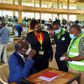 IEBC Chairperson Wafula Chebukati with elections officials at Mang'u Tallying Centre