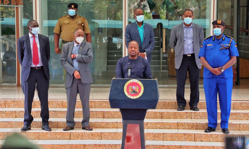 Mutahi Kagwe addressing the nation at Harambee House during his time as Health Cabinet Secretary