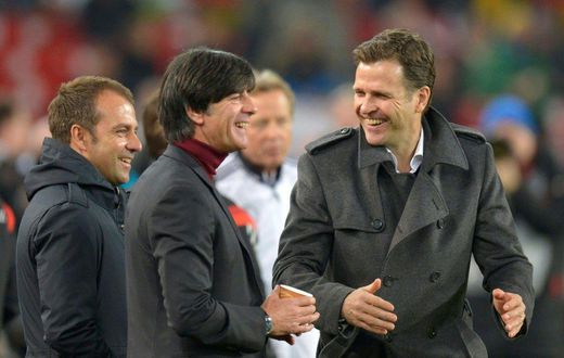 Bierhoff (R) says he will "intensify" talks with Flick (L) about replacing Loew (C) as Germany coach
