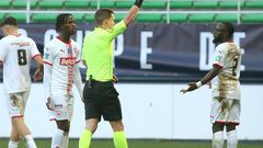 Souleymane Karamoko is shown a red card at Troyes to leave Nancy with eight men