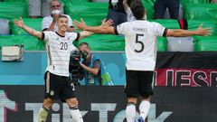 Robin Gosens (L) celebrates scoring Germany's fourth goal in Munich on Saturday at Euro 2020