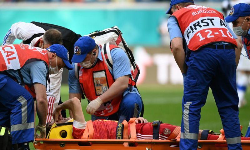 Fernandes had to be stretchered off in a neck brace after falling awkwardly